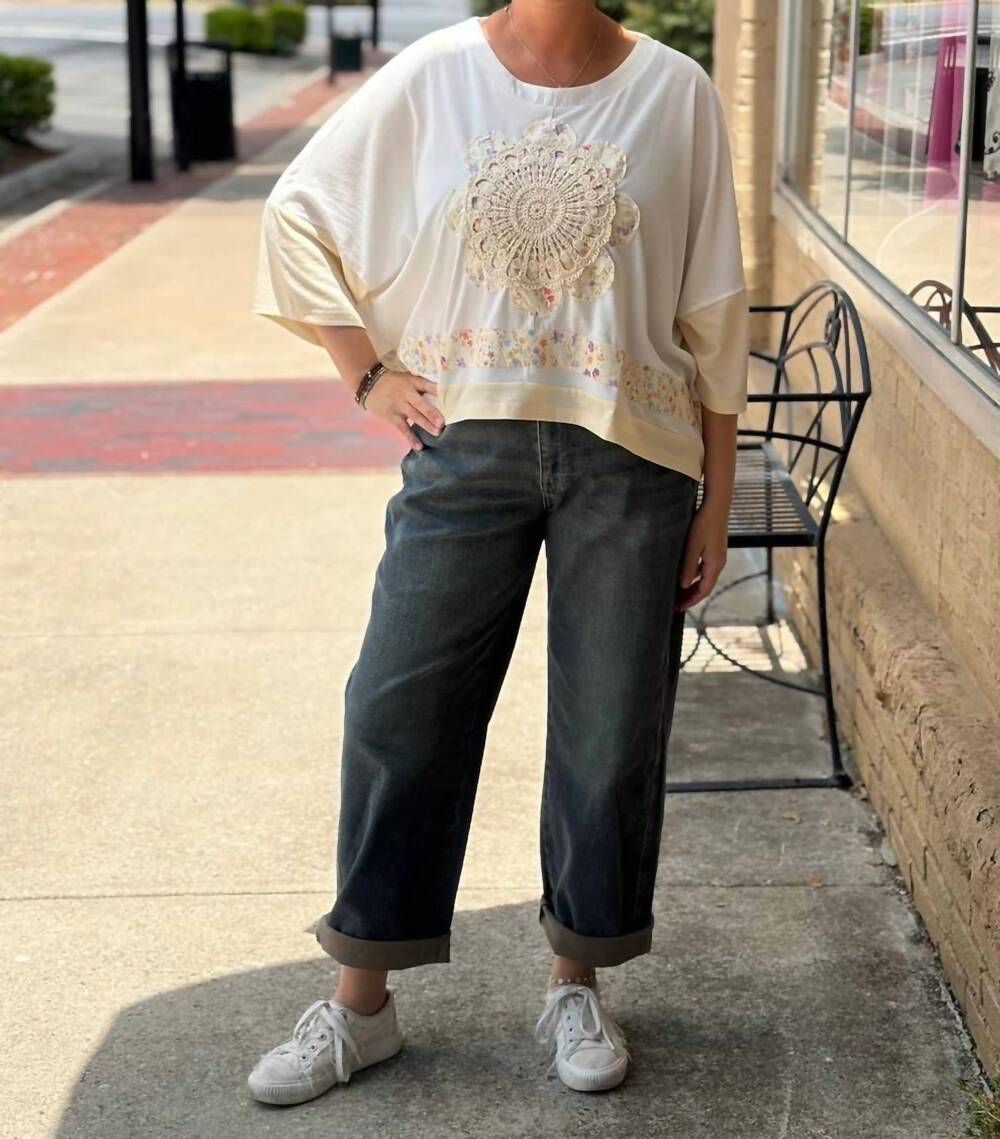 NEW MELLO lace embroidered short sleeves round neck top in ivory